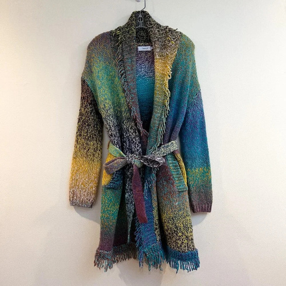 Greylin Rainbow Colorful Knit Fringe Bohemian Preppy Cardigan Tie Waist Cardigan - Picture 3 of 9